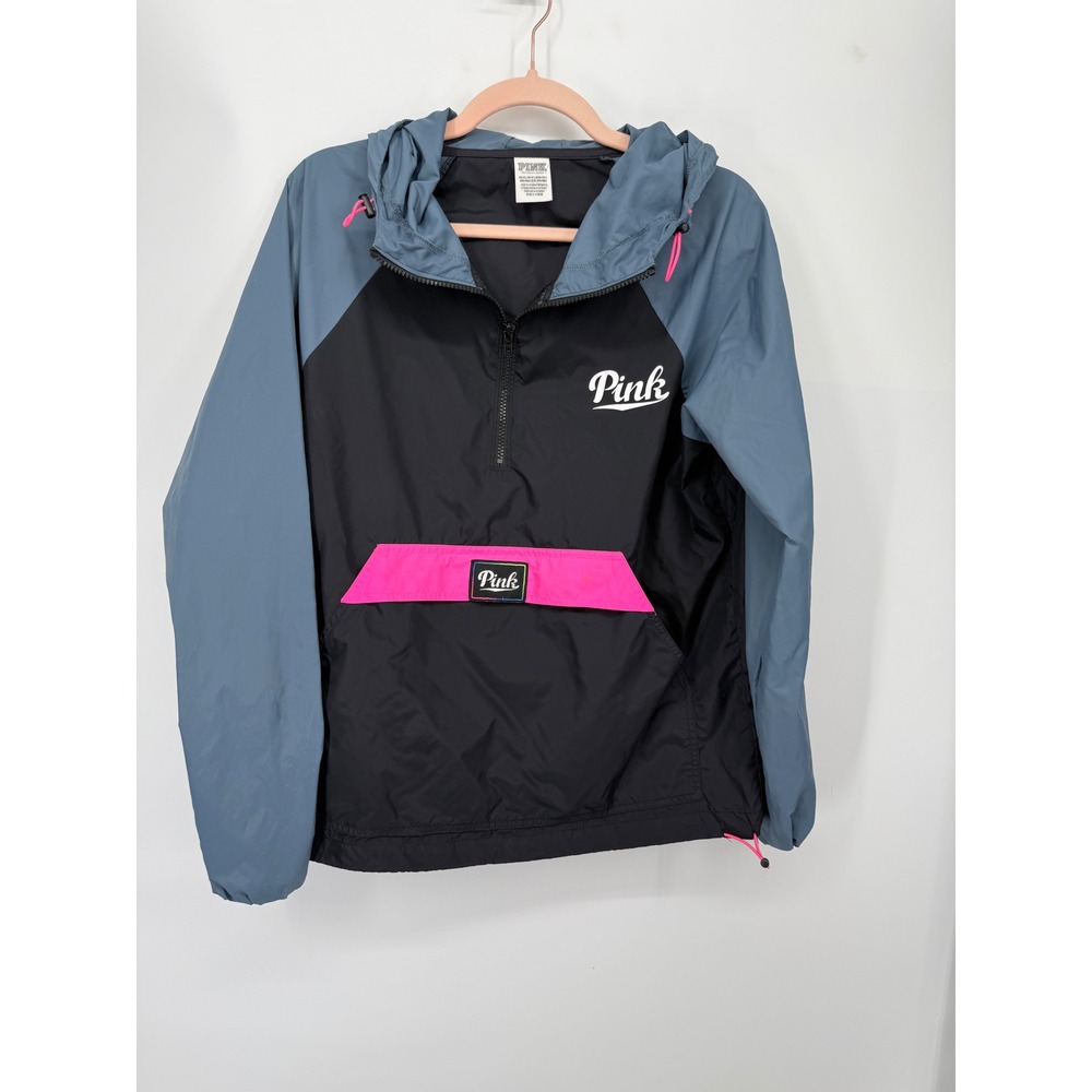 PINK Victoria's Secret Windbreaker Women XS/S Black Blue Quarter Zip Hooded